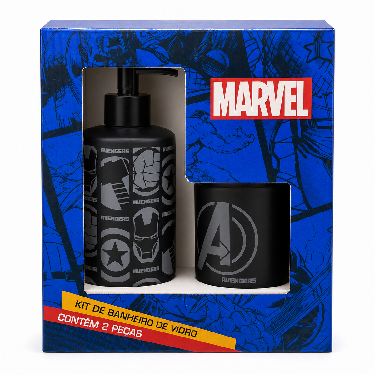 Marvel Avengers 2-Piece Glass Bathroom Accessory Set – Matte Black & Grey