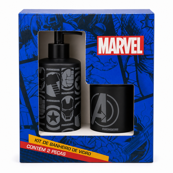 Marvel Avengers 2-Piece Glass Bathroom Accessory Set – Matte Black & Grey