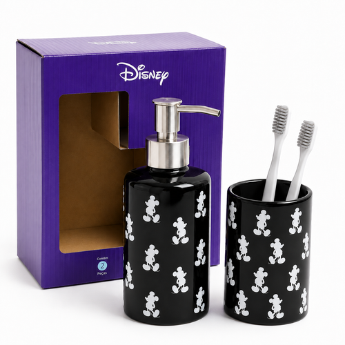 Disney Mickey Mouse 2-Piece Ceramic Bathroom Accessory Set – Glossy Black