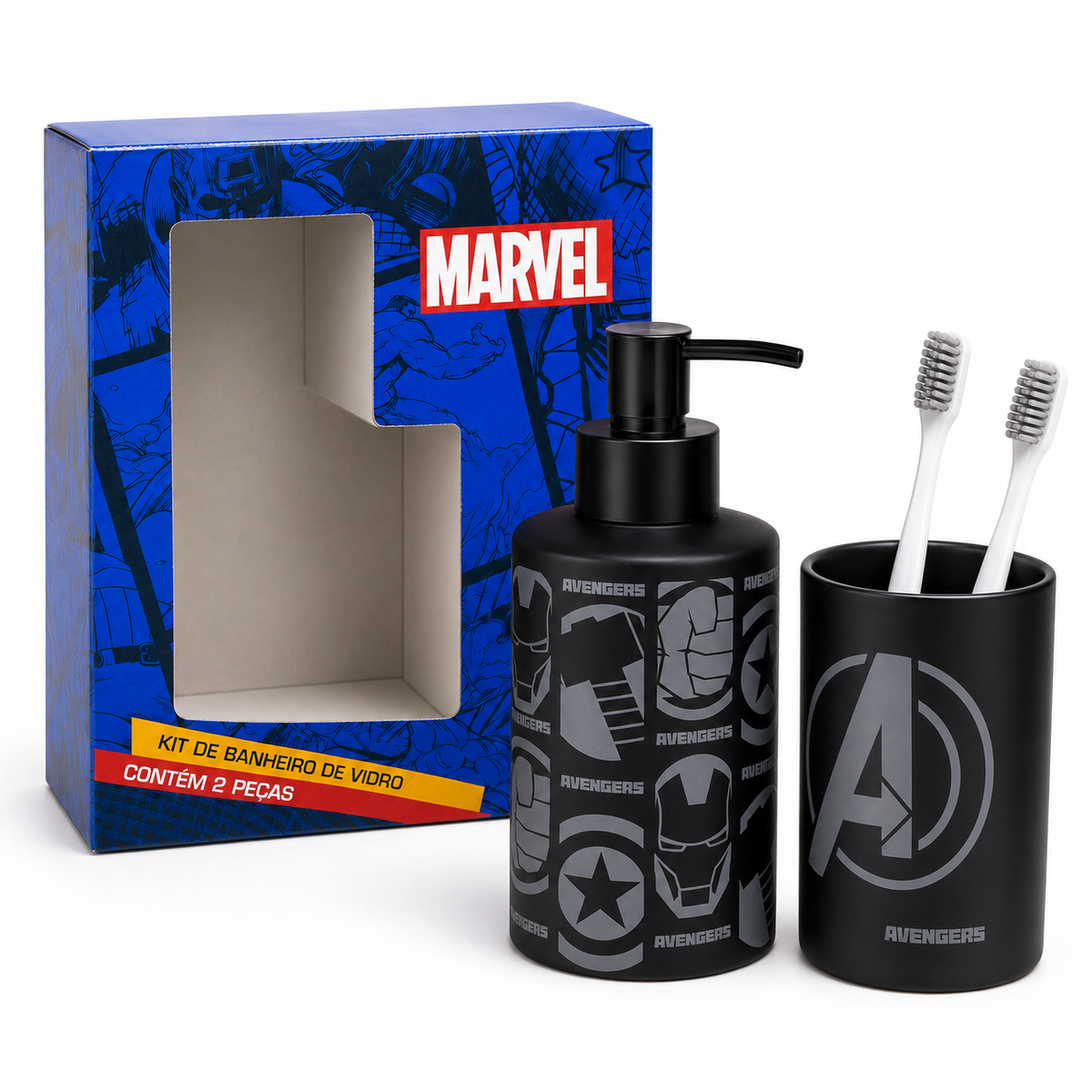 Marvel Avengers 2-Piece Glass Bathroom Accessory Set – Matte Black & Grey